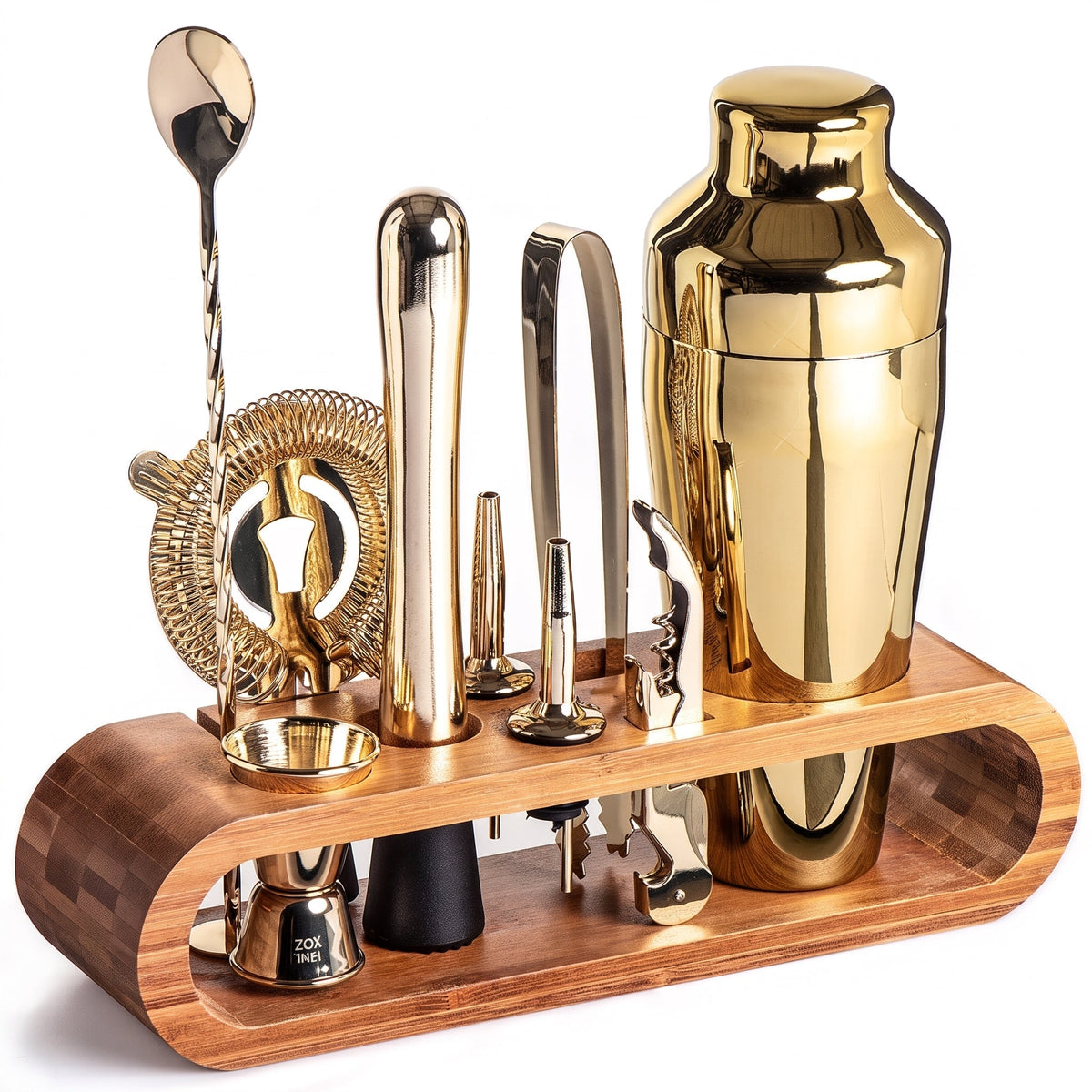 10-teilig Cocktail Shaker Set mit Bambus Ständer - Cocktail & Barware Tool Sets - Gold - Voldeva