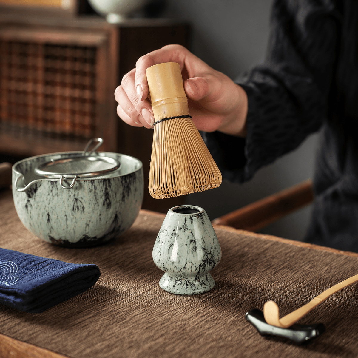 6-teiliges japanisches Matcha-Tee-Set mit Keramikschale - Matcha-Set - Rosa - Voldeva