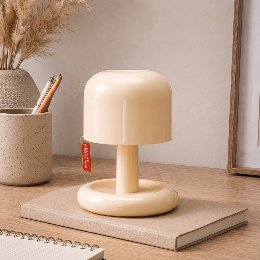 Kompakte Retro Tischlampe mit Rundsockel und Pilzhut-Schirm