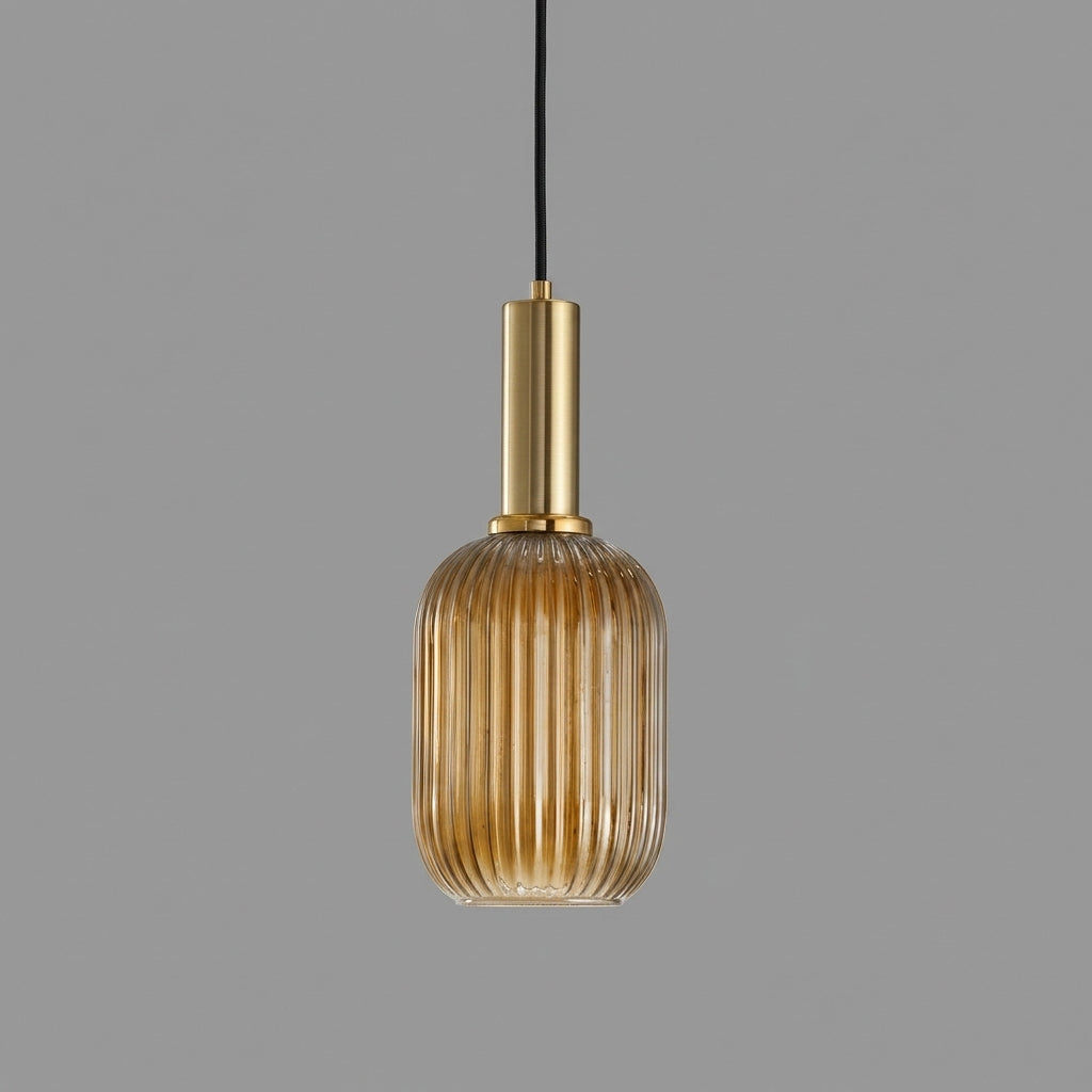 Vintage Gerippte Glas-Pendelleuchte mit Messingfassung