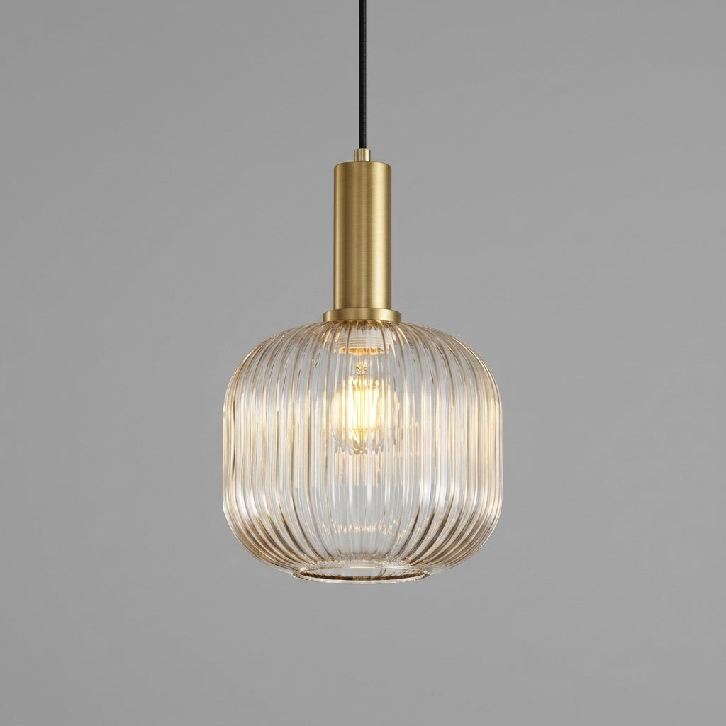 Vintage Gerippte Glas-Pendelleuchte mit Messingfassung