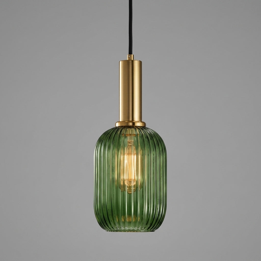 Vintage Gerippte Glas-Pendelleuchte mit Messingfassung