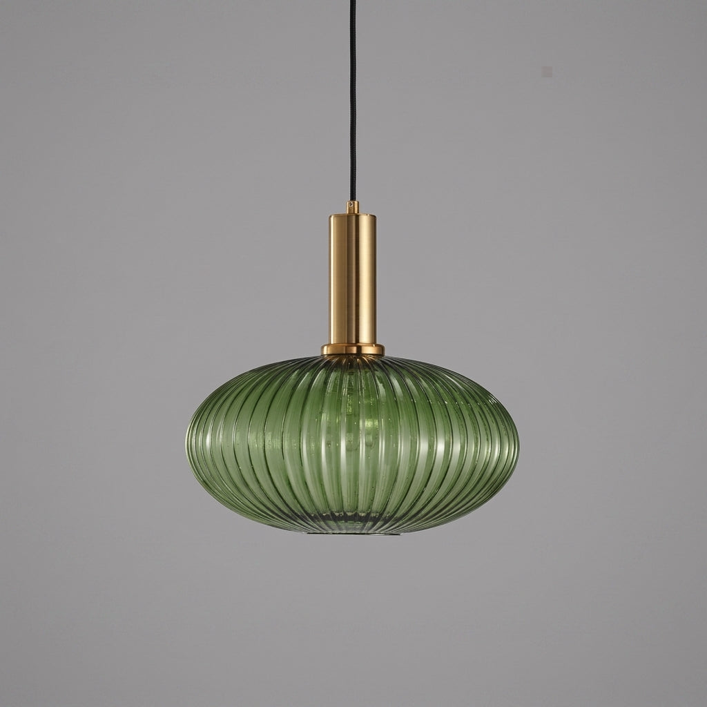 Vintage Gerippte Glas-Pendelleuchte mit Messingfassung