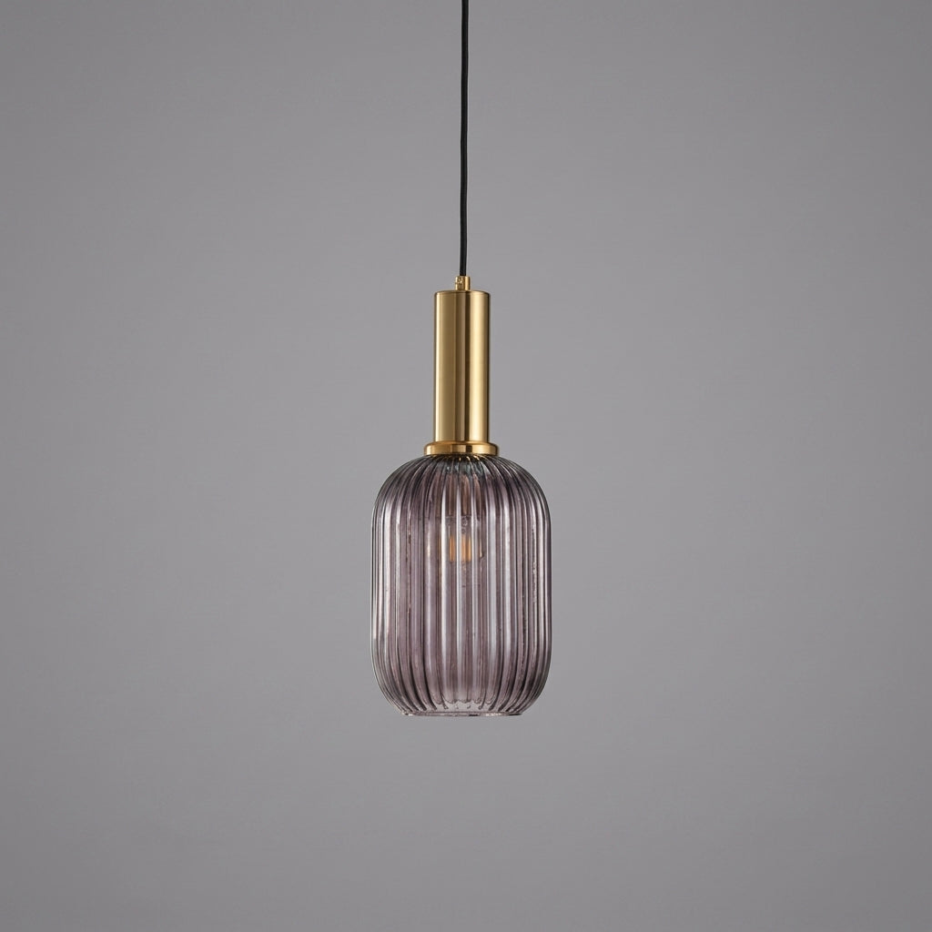 Vintage Gerippte Glas-Pendelleuchte mit Messingfassung