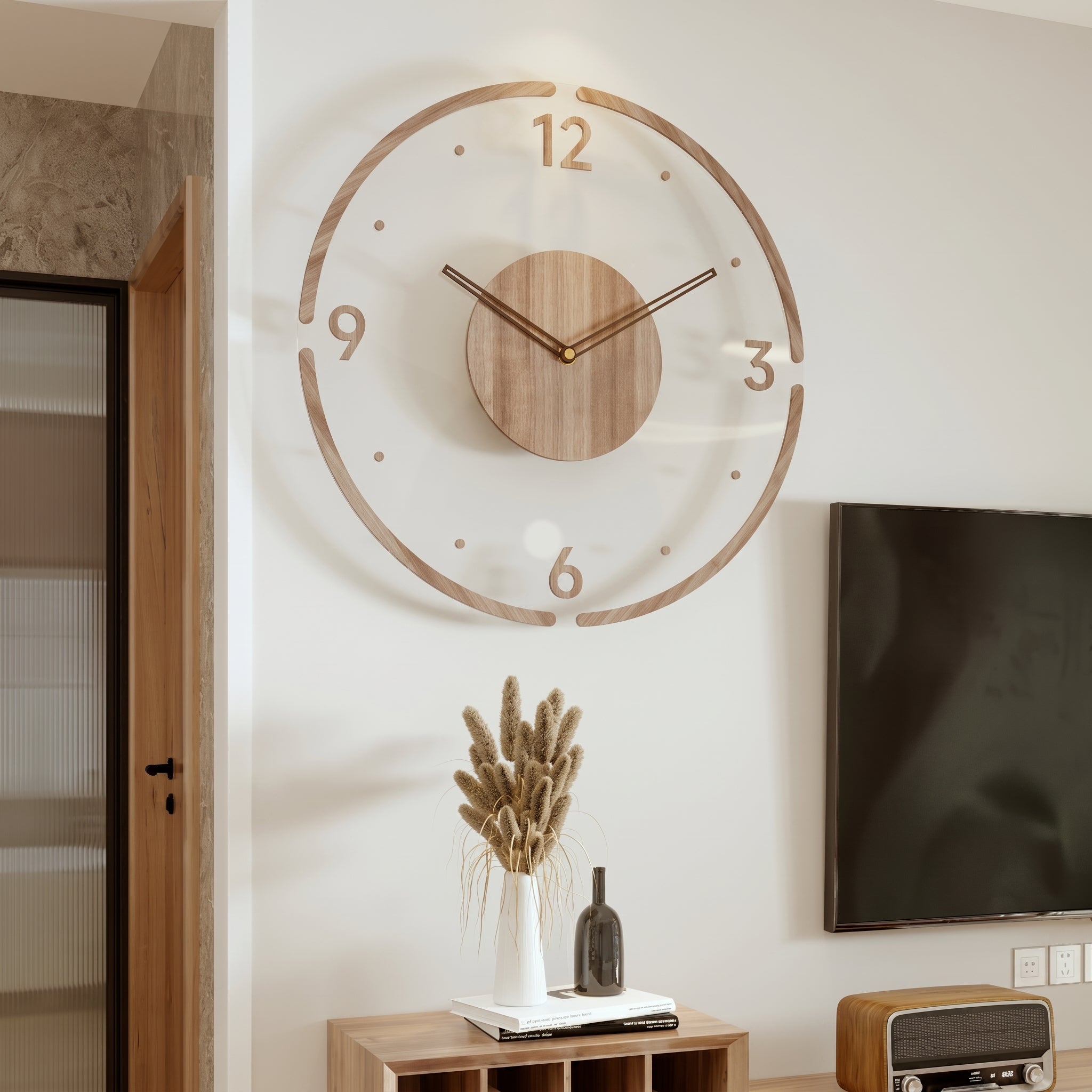 Nordische Wanduhr im Offenen Design mit Holzdetail