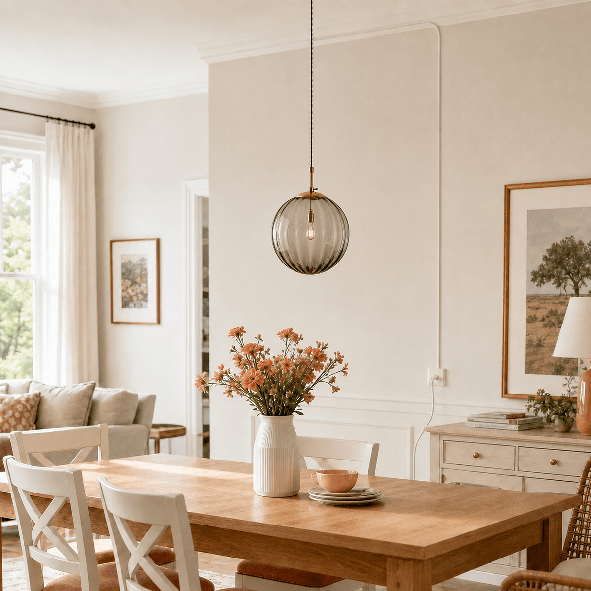 Dekorative Gerippte Kunstglas-Kugelpendelleuchte - Pendant Light Fixtures - Grau - Voldeva