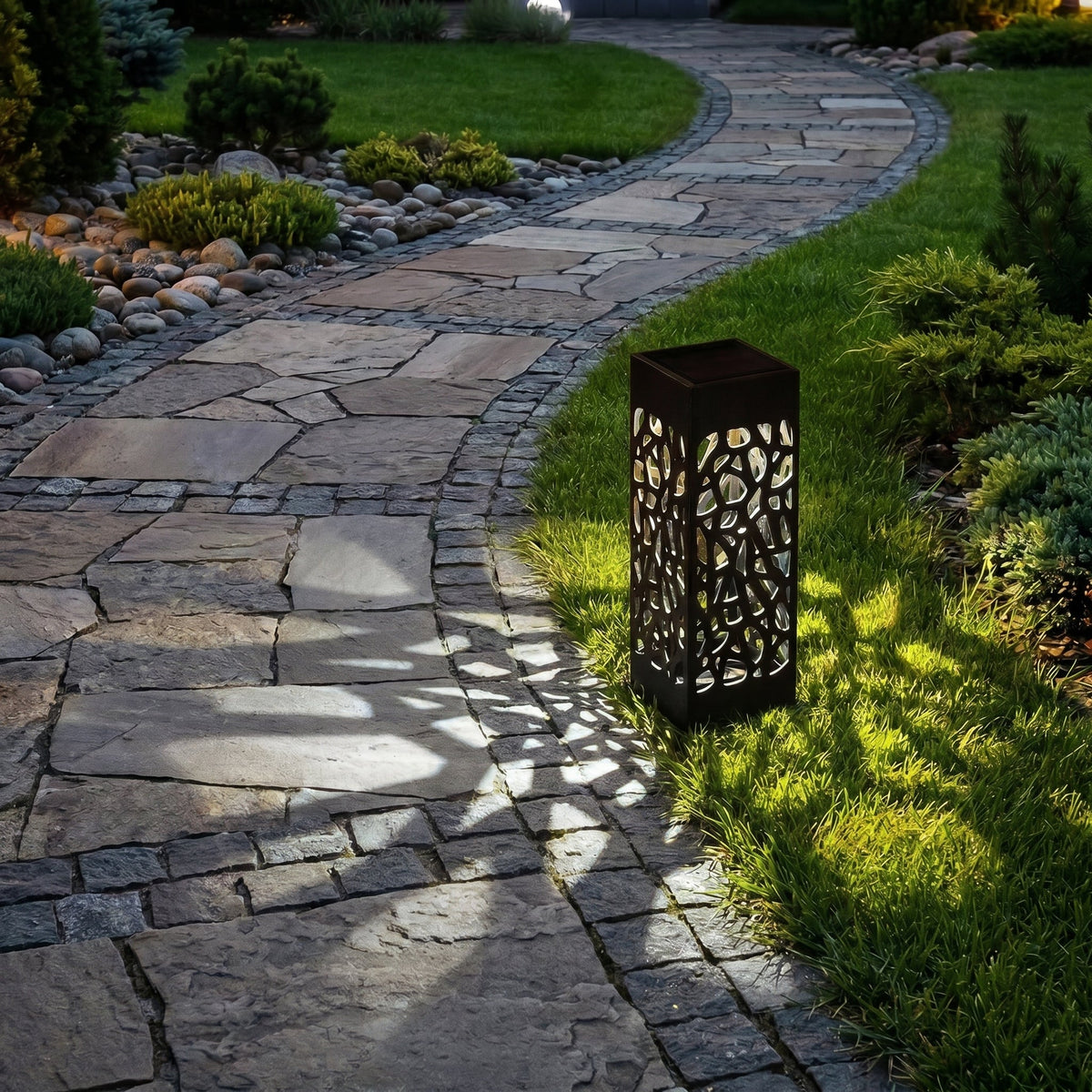 Dekorative Solar Gartenlaterne Mosaik - Hohlmuster - Gartenbeleuchtung - Weiß - Voldeva