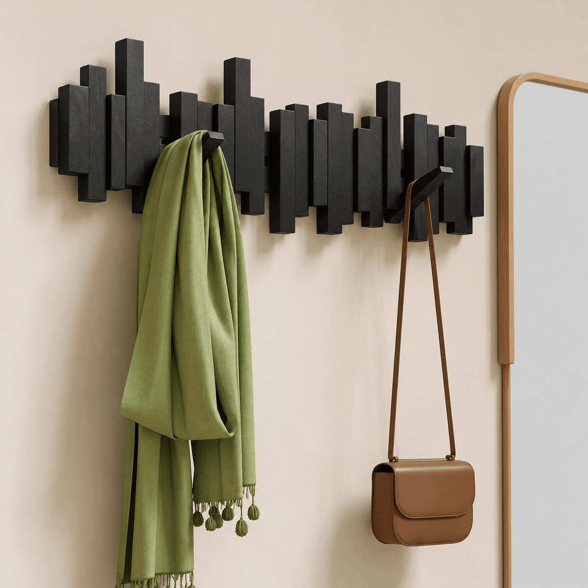 Design Holzgarderobe mit Klapphaken für Flur und Eingangsbereich - Utility Hooks - Schwarz - Voldeva