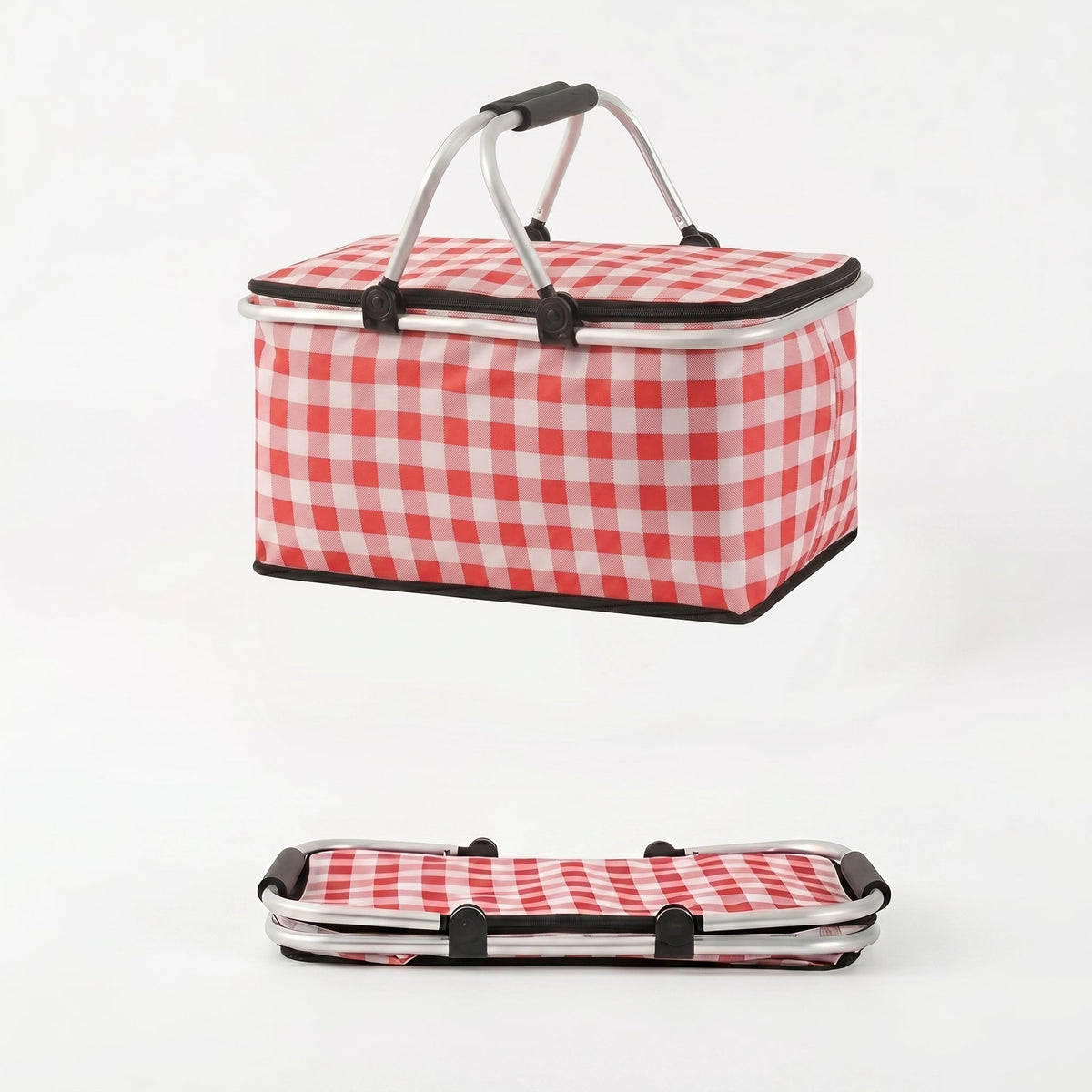 Faltbarer Picknickkorb mit Karo - Muster und Doppelreißverschluss - Picknickkorb - Rot - Voldeva