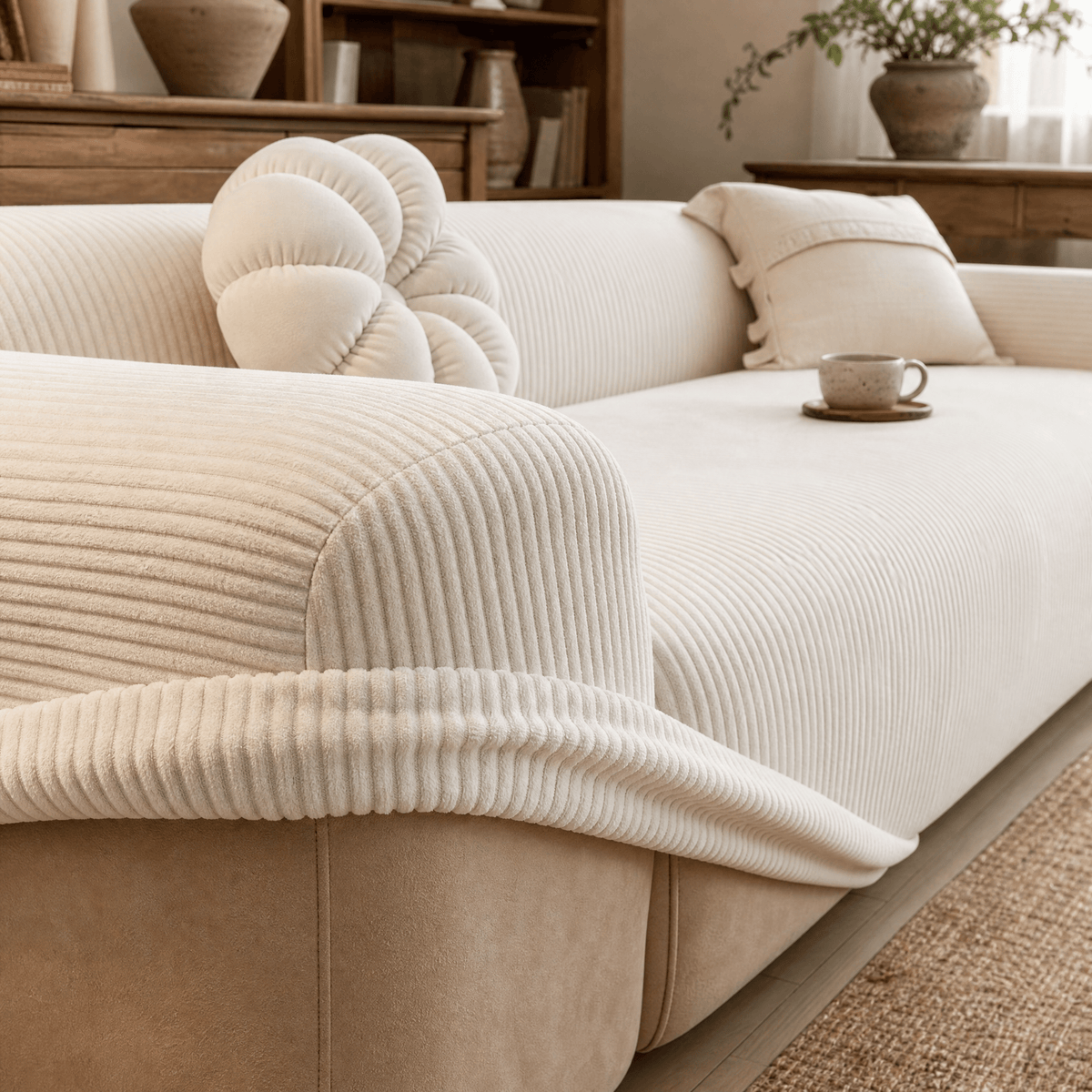 Gerippter Sofabezug mit elastischem Stretch-Material - Slipcovers - Creme - Voldeva