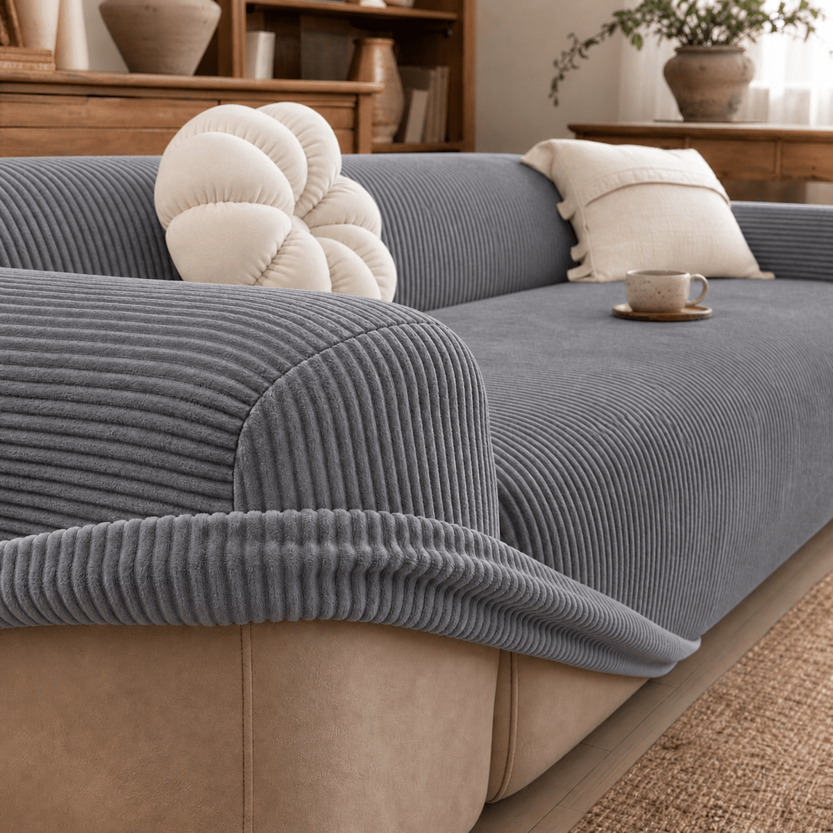 Gerippter Sofabezug mit elastischem Stretch-Material - Slipcovers - Grau - Voldeva