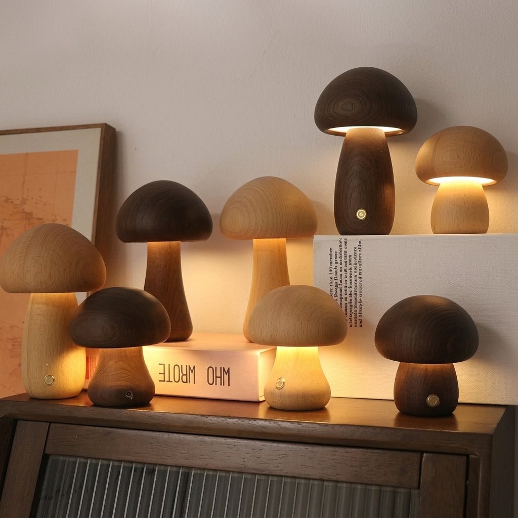 Holzlampe im Pilzdesign mit Warmlicht - Table Lamps - Großer heller Pilz - Voldeva