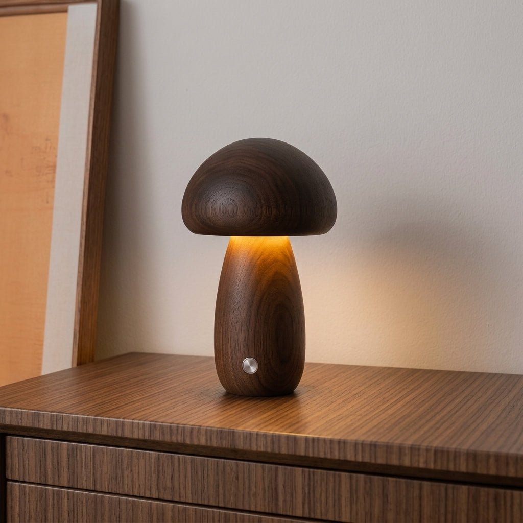 Holzlampe im Pilzdesign mit Warmlicht - Table Lamps - Großer dunkler Pilz - Voldeva