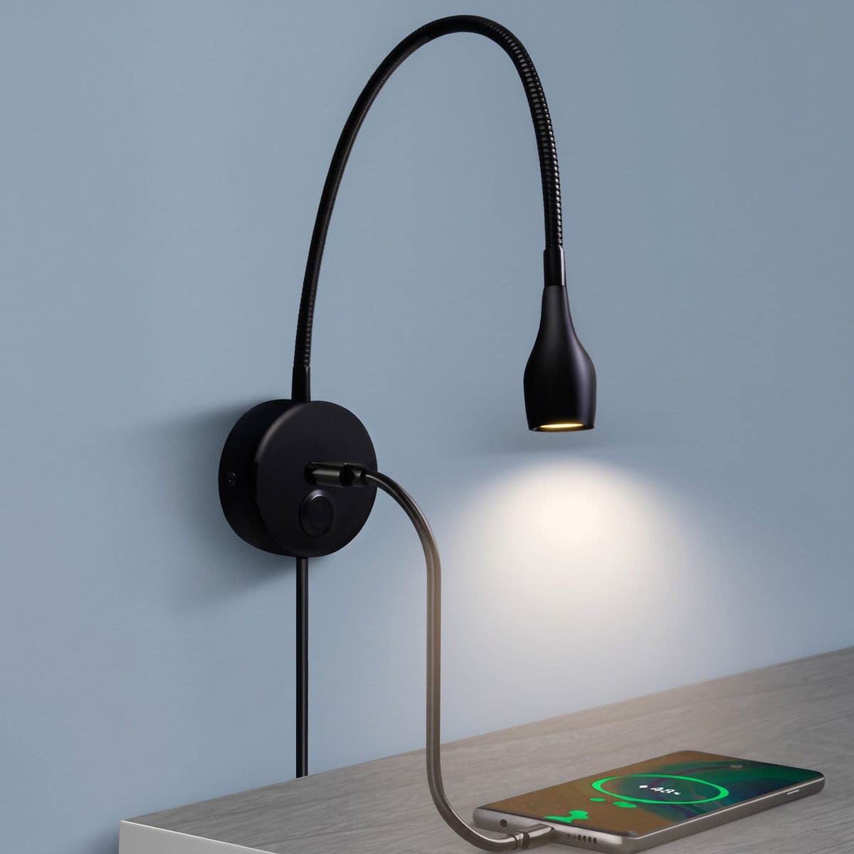 LED Wandleuchte mit Schwanenhals und USB Anschluss - Wall Light Fixtures - Warmes Licht - Voldeva