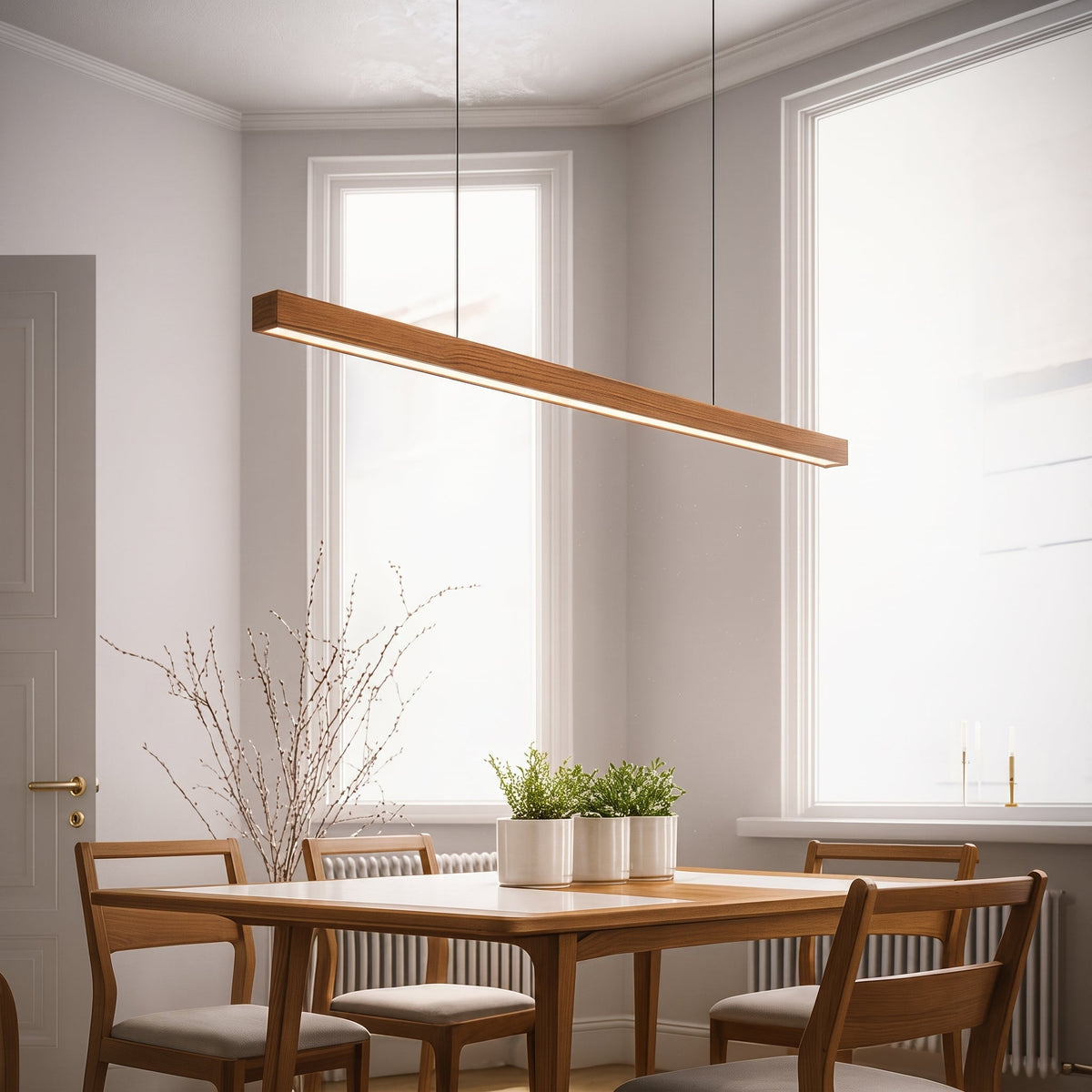 Lineare LED-Pendelleuchte mit schlankem Holzbalken für Esstisch - Pendant Light Fixtures - Braun - Voldeva