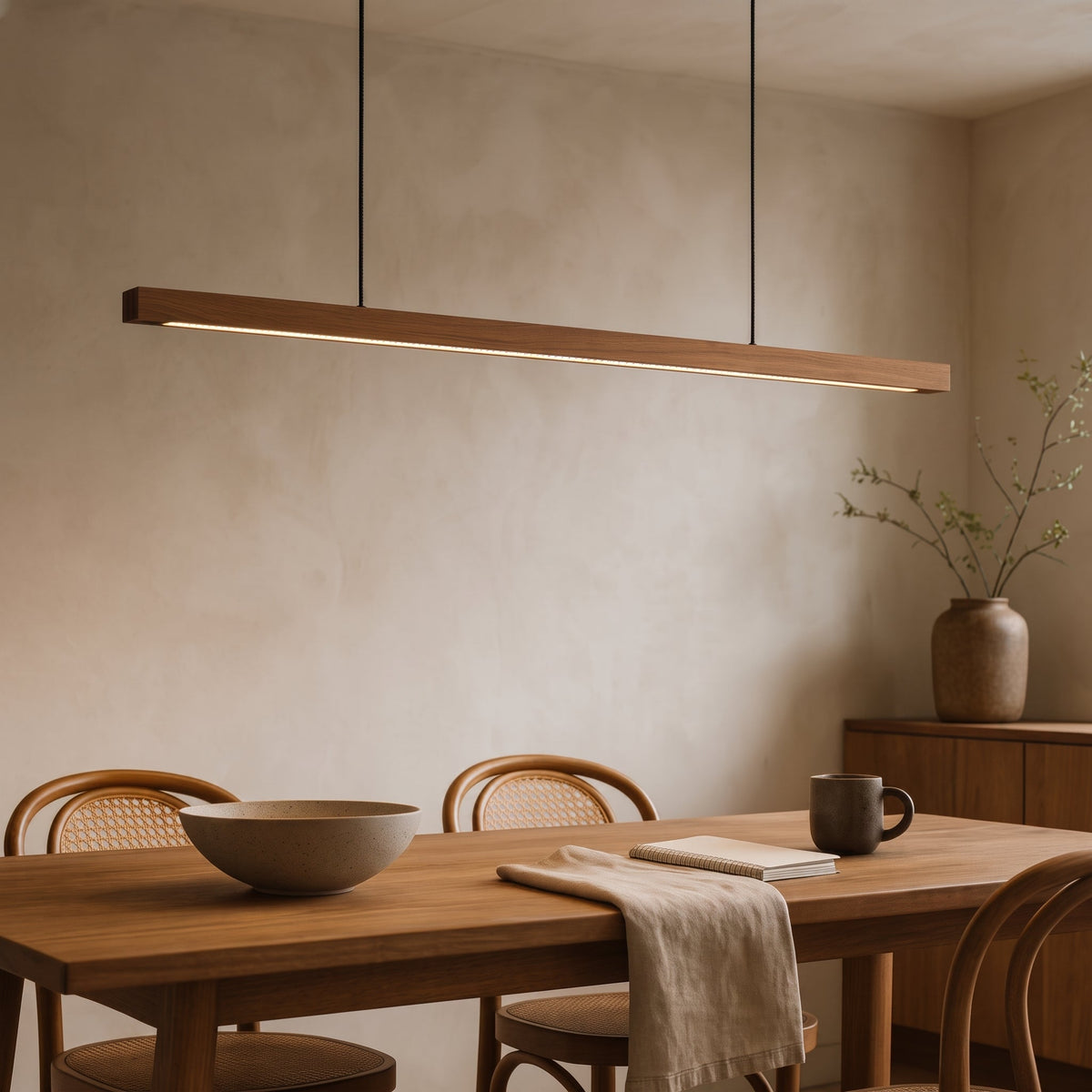 Lineare LED-Pendelleuchte mit schlankem Holzbalken für Esstisch - Pendant Light Fixtures - Braun - Voldeva
