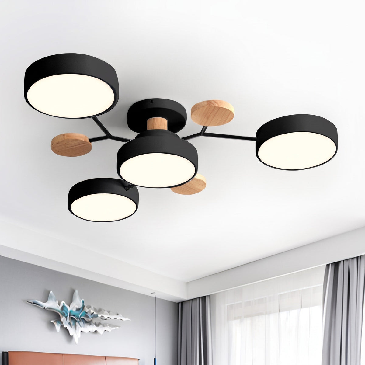 Moderne LED Deckenleuchte mit Astdesign und Holzakzenten - Pendant Light Fixtures - Schwarz - Voldeva