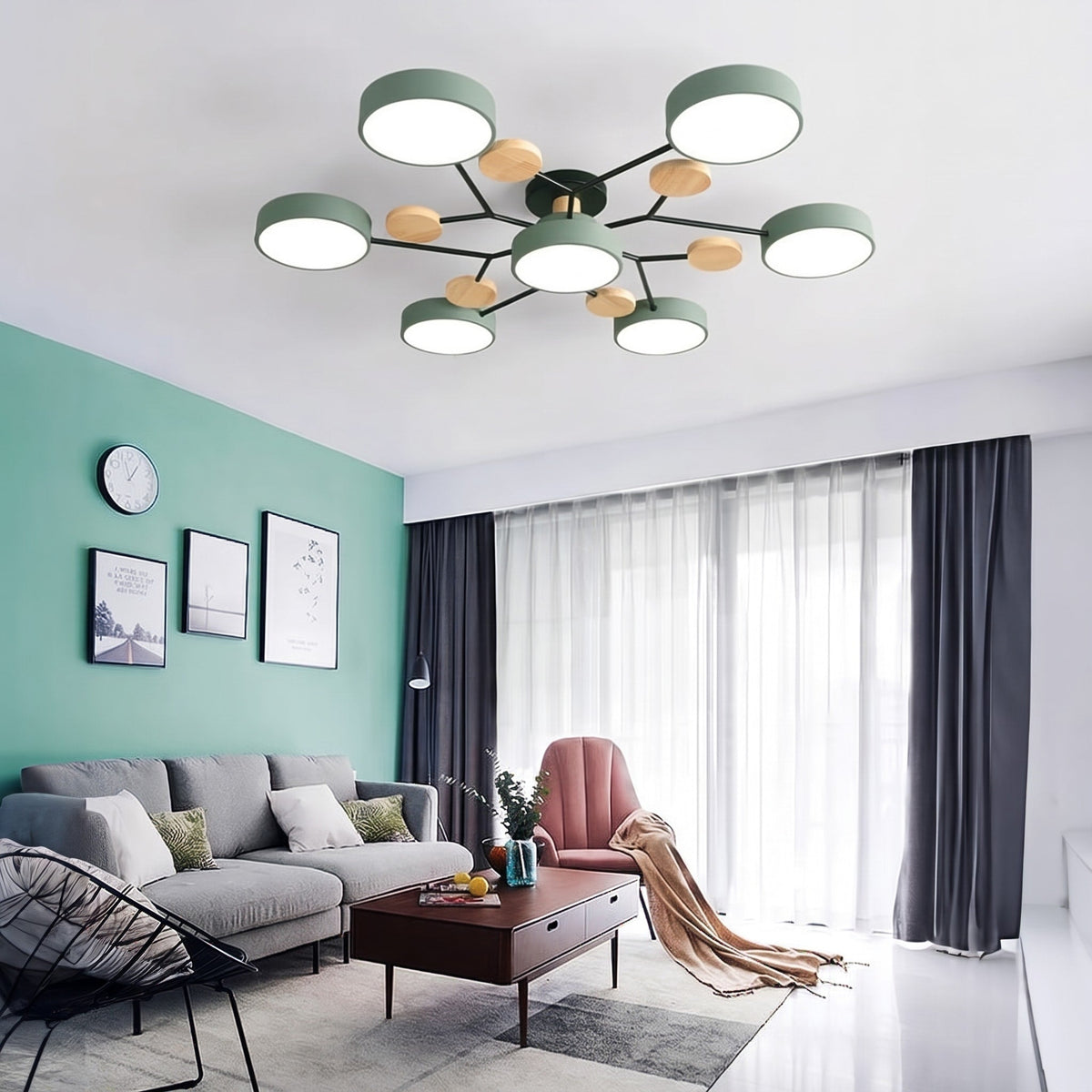 Moderne LED Deckenleuchte mit Astdesign und Holzakzenten - Pendant Light Fixtures - Grün - Voldeva