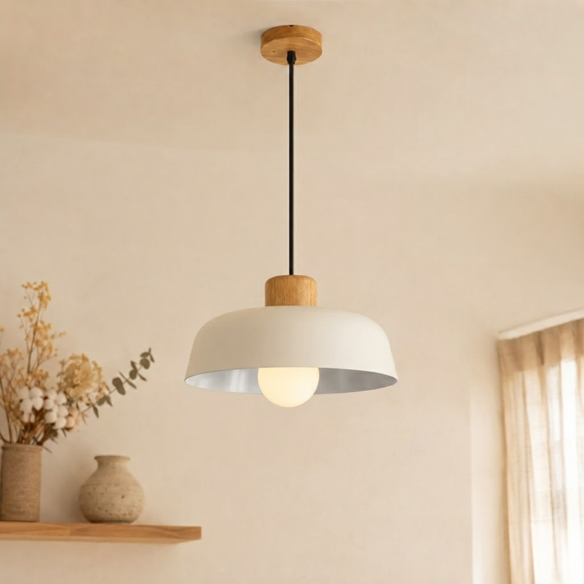 Pendelleuchte aus Holz und Metall im skandinavischen Design - Pendant Light Fixtures - Weiß - Voldeva