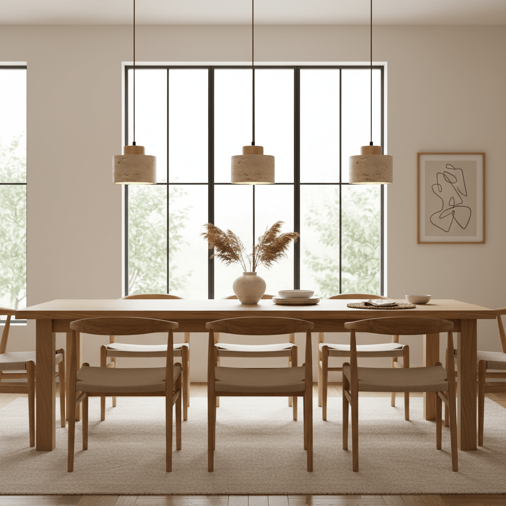 Skandinavisch Pendelleuchte Travertin Optik mit Holzfassung - Pendant Light Fixtures - Eiche - Voldeva