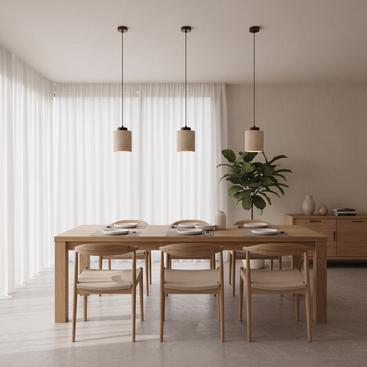 Skandinavisch Pendelleuchte Travertin Optik mit Holzfassung - Pendant Light Fixtures - Walnuss - Voldeva