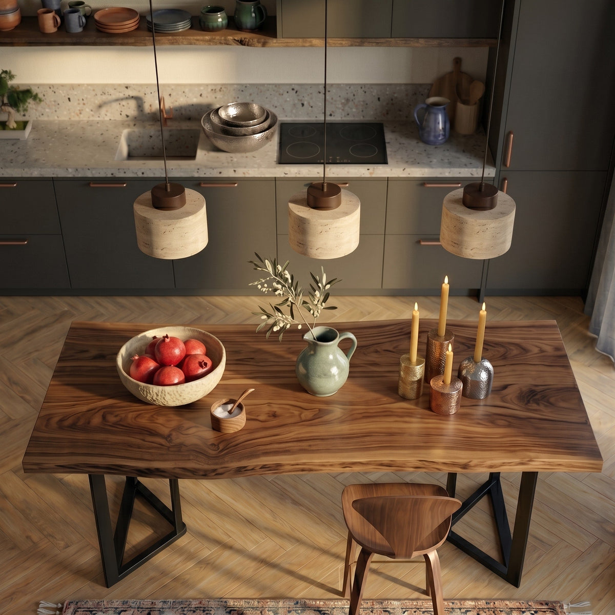 Skandinavisch Pendelleuchte Travertin Optik mit Holzfassung - Pendant Light Fixtures - Walnuss - Voldeva