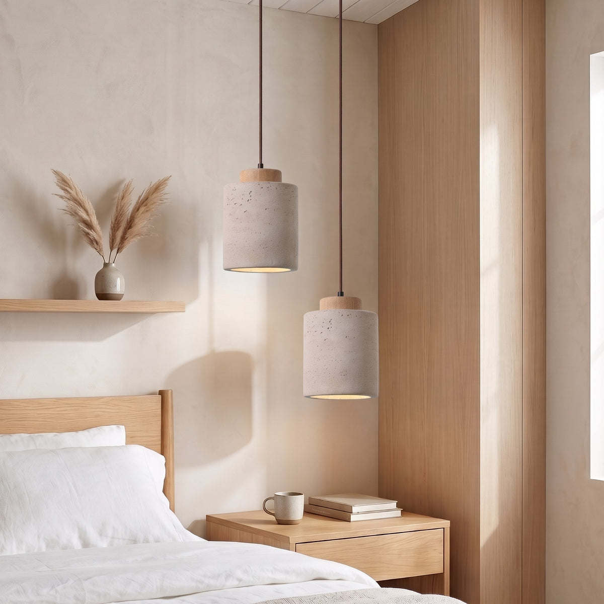 Skandinavisch Pendelleuchte Travertin Optik mit Holzfassung - Pendant Light Fixtures - Eiche - Voldeva