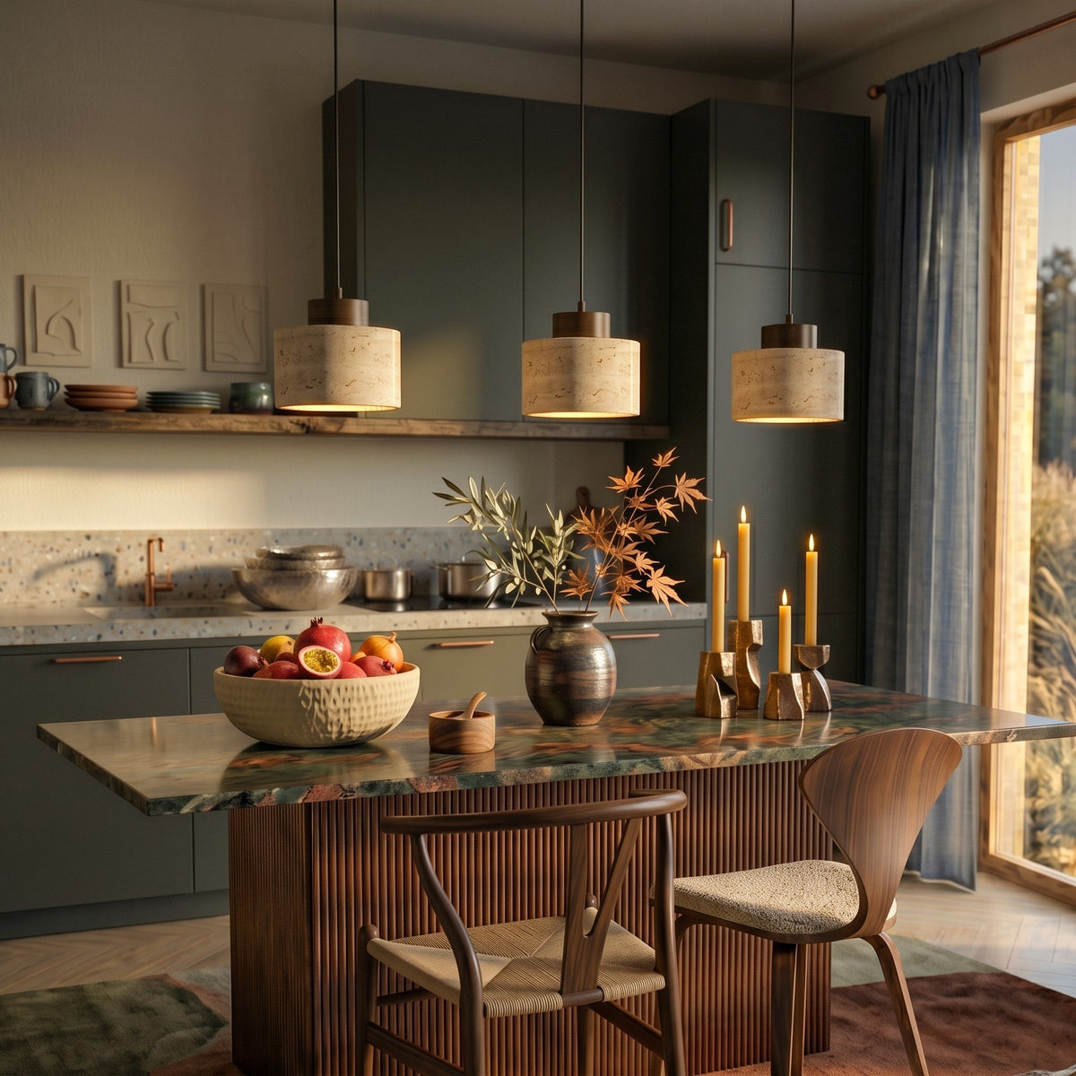 Skandinavisch Pendelleuchte Travertin Optik mit Holzfassung - Pendant Light Fixtures - Walnuss - Voldeva