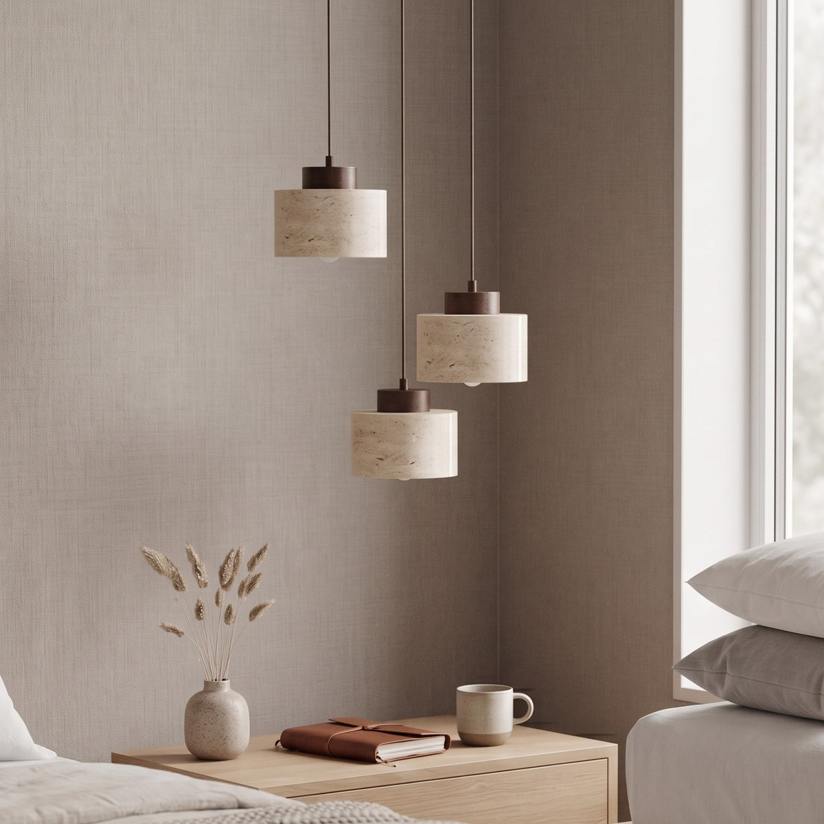 Skandinavisch Pendelleuchte Travertin Optik mit Holzfassung - Pendant Light Fixtures - Walnuss - Voldeva