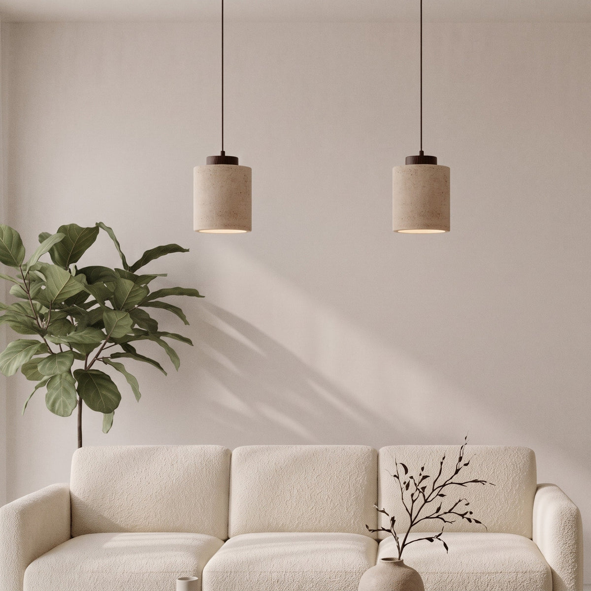 Skandinavisch Pendelleuchte Travertin Optik mit Holzfassung - Pendant Light Fixtures - Walnuss - Voldeva