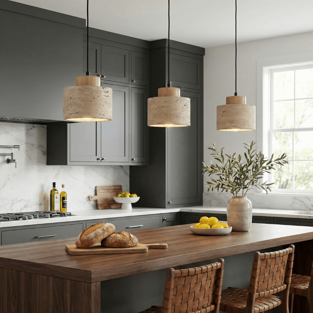 Skandinavisch Pendelleuchte Travertin Optik mit Holzfassung - Pendant Light Fixtures - Eiche - Voldeva
