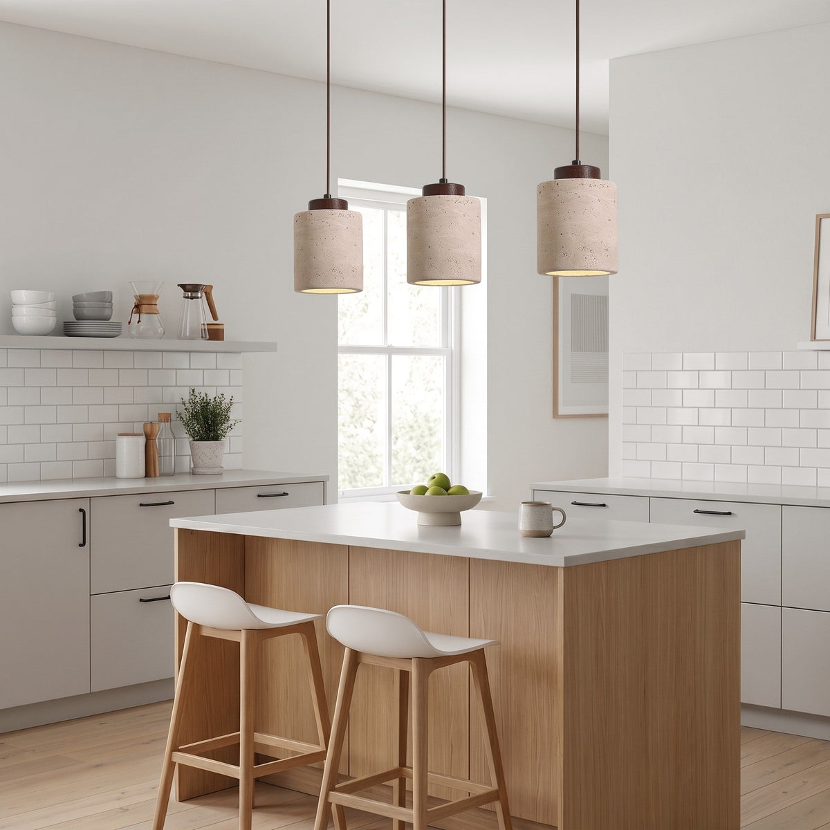 Skandinavisch Pendelleuchte Travertin Optik mit Holzfassung - Pendant Light Fixtures - Walnuss - Voldeva