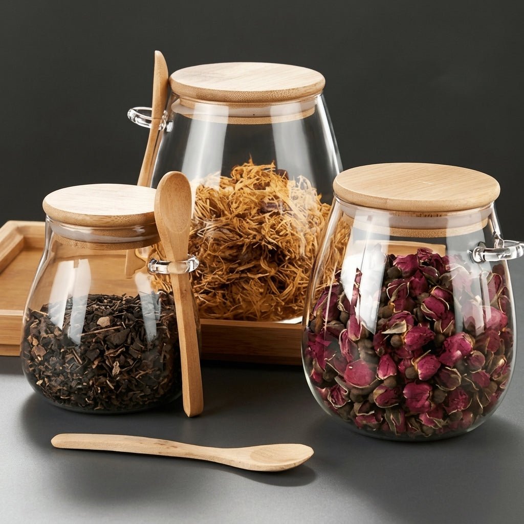 Vorratsglas mit Bambusdeckel und Löffel - Food Storage Containers - Groß - Voldeva