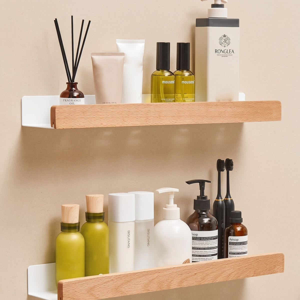 Wandregal aus Holz mit schwarzer Metallhalterung - Rack Wall Shelves & Ledges - Hellbraun - Voldeva