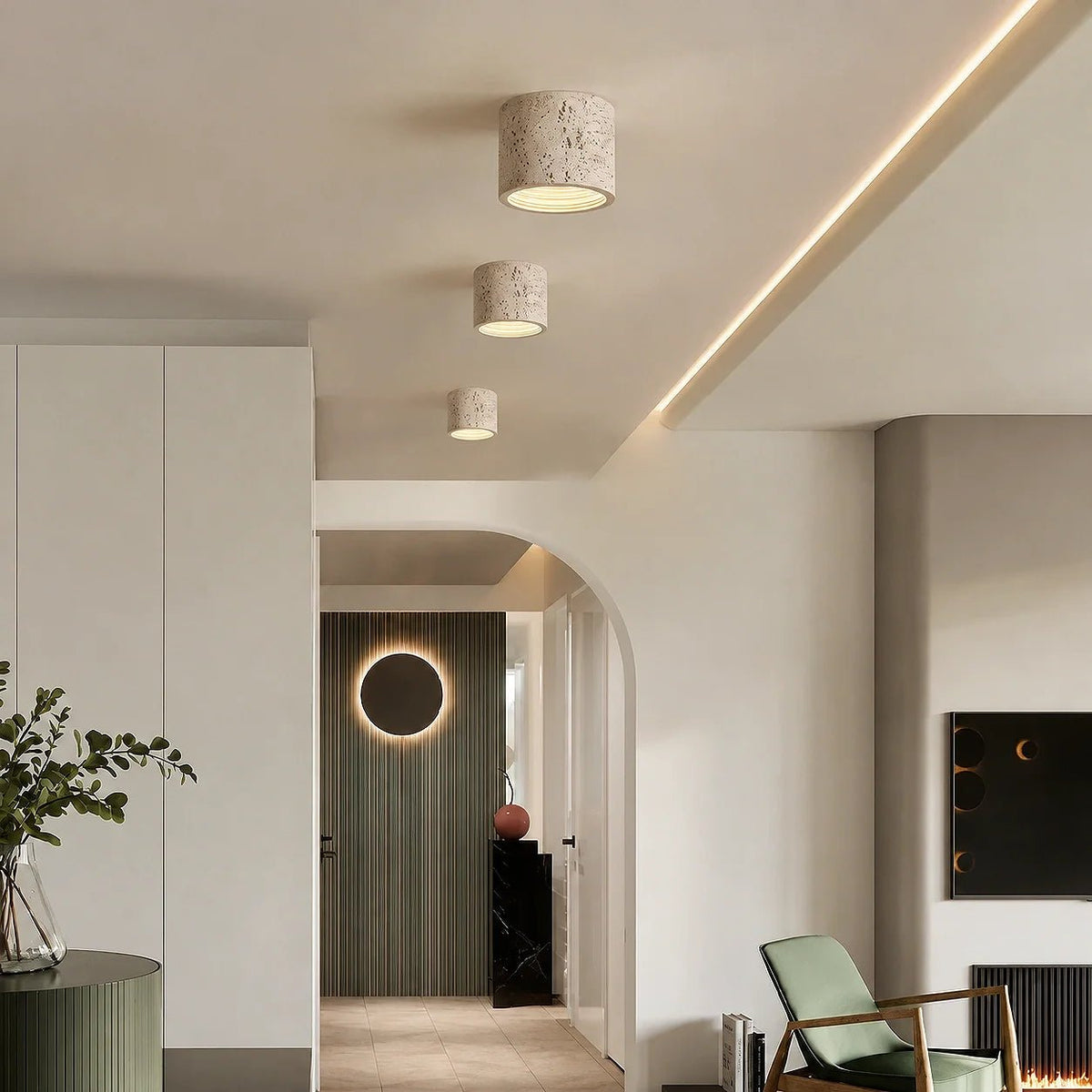 Zylindrische Deckenleuchte im Wabi-Sabi Design mit Travertin-Optik - Ceiling Light Fixtures - Weiß - Voldeva