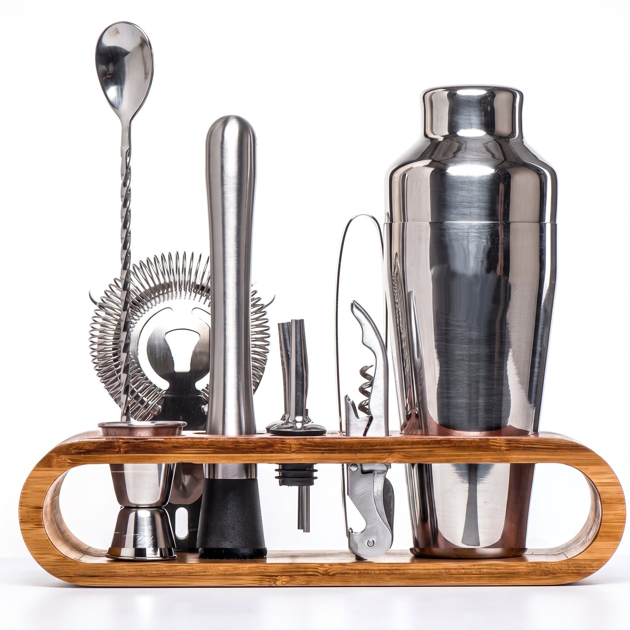 10-teilig Cocktail Shaker Set mit Bambus Ständer - Cocktail & Barware Tool Sets - Silber - Voldeva