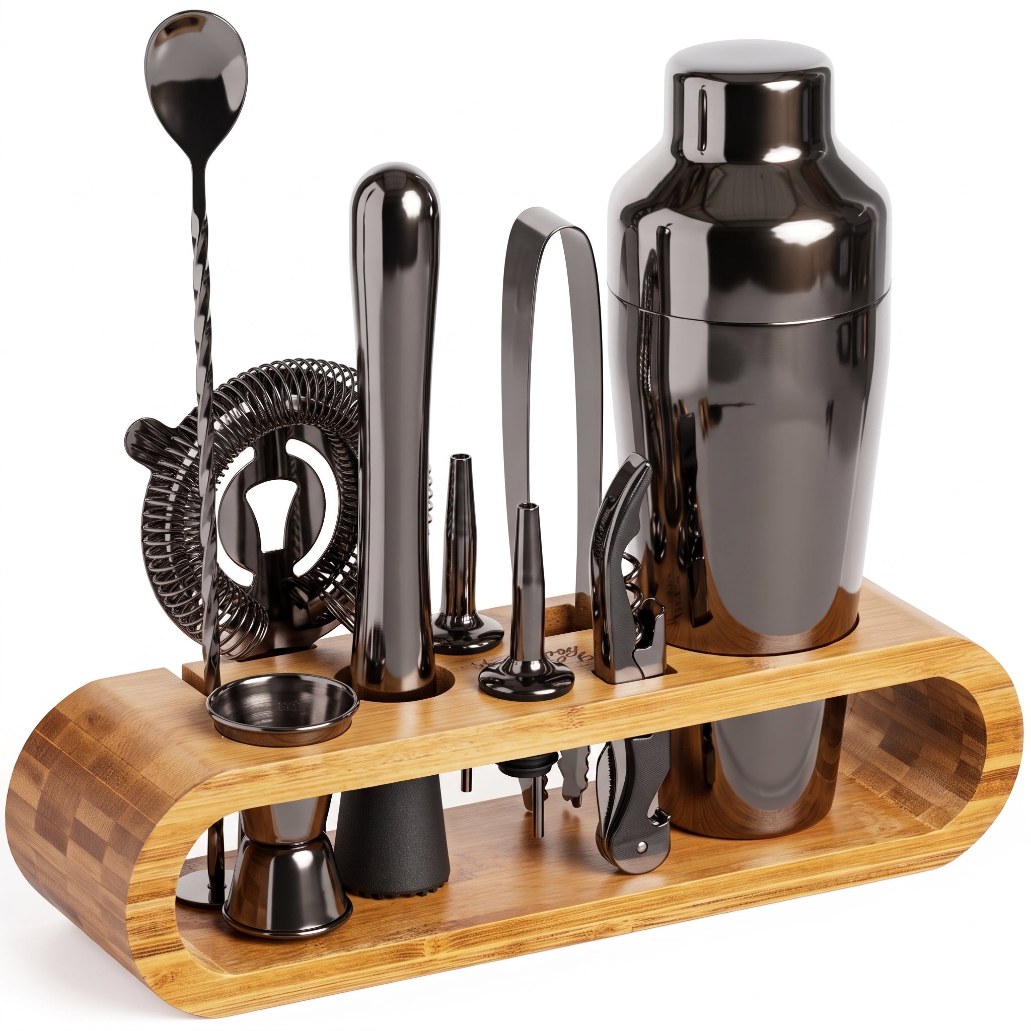 10-teilig Cocktail Shaker Set mit Bambus Ständer - Cocktail & Barware Tool Sets - Schwarz - Voldeva