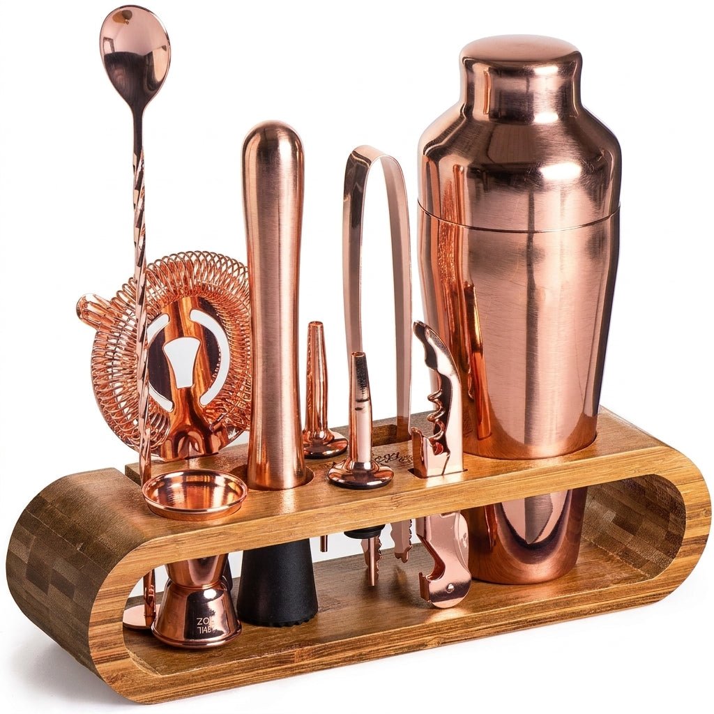 10-teilig Cocktail Shaker Set mit Bambus Ständer - Cocktail & Barware Tool Sets - Roségold - Voldeva