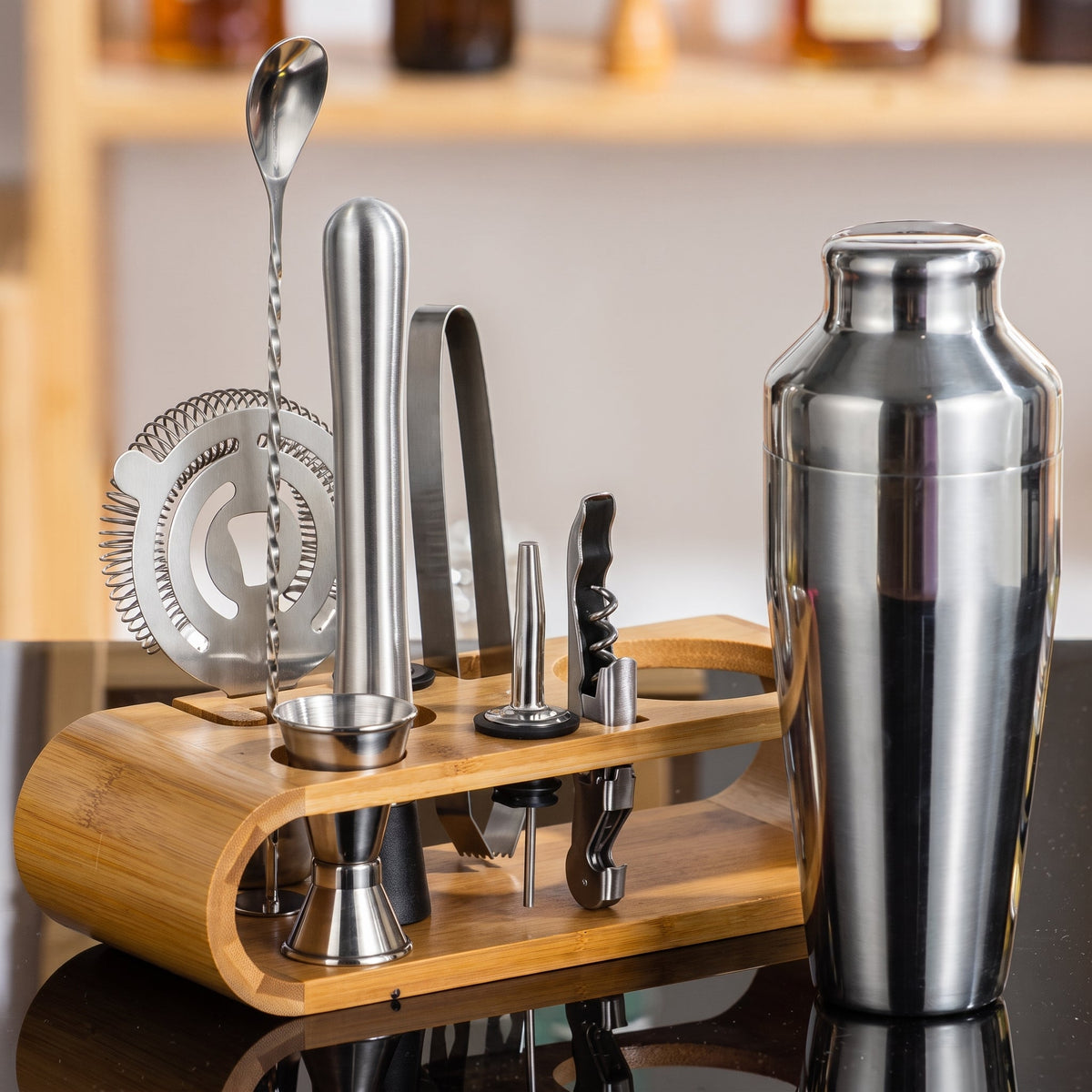 10-teilig Cocktail Shaker Set mit Bambus Ständer - Cocktail & Barware Tool Sets - Schwarz - Voldeva