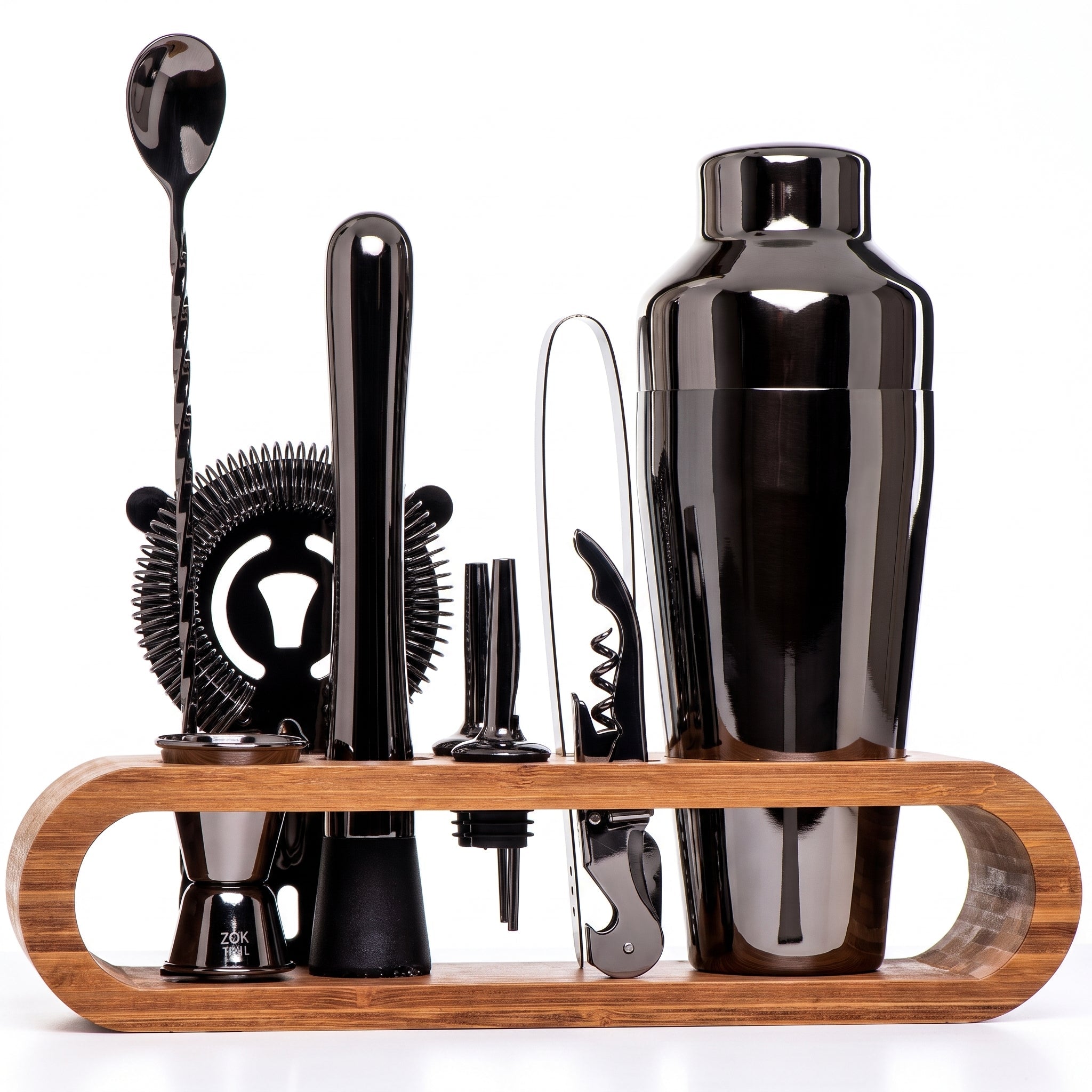 10-teilig Cocktail Shaker Set mit Bambus Ständer - Cocktail & Barware Tool Sets - Schwarz - Voldeva