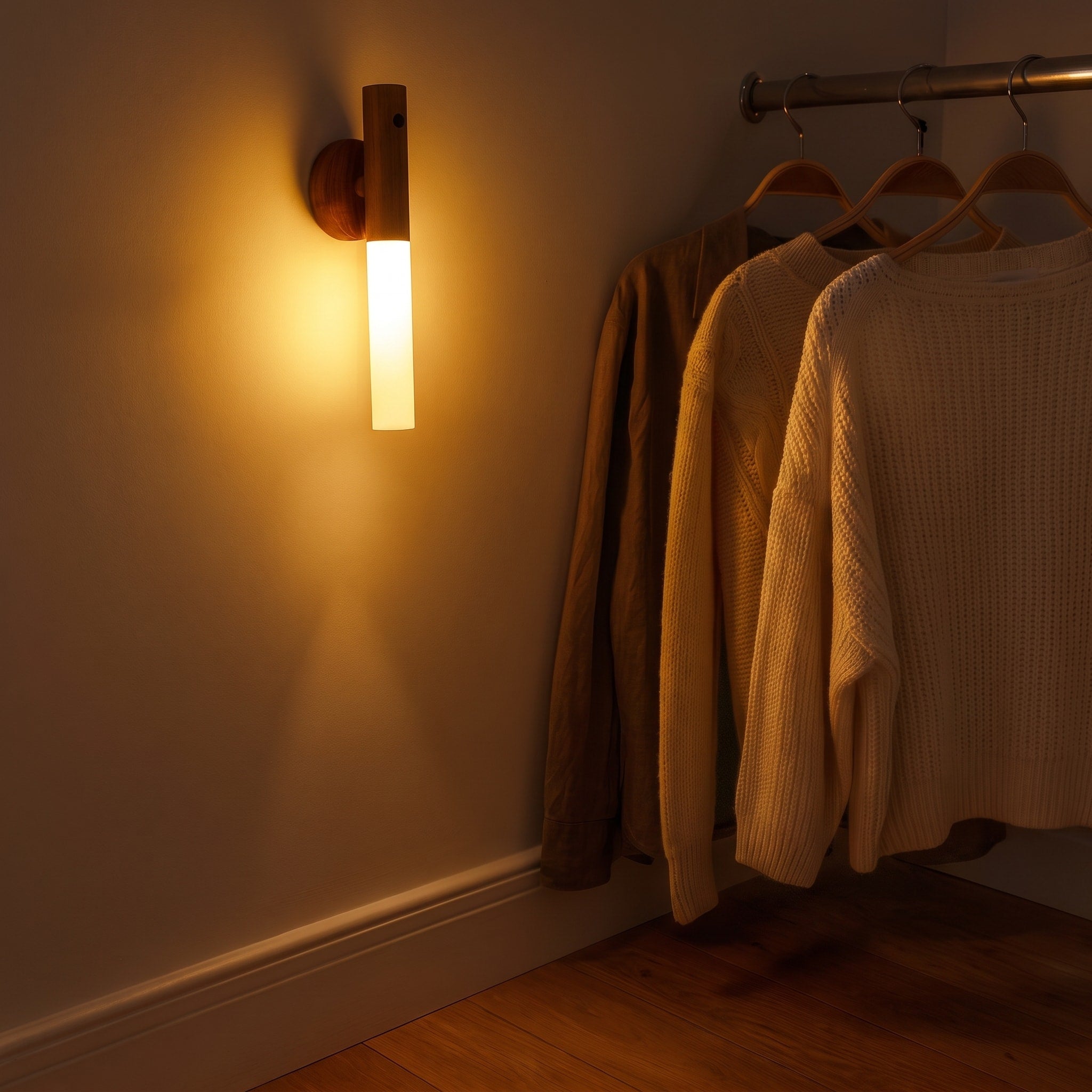 Kabellose LED Wandleuchte mit Bewegungsmelder und Holzdesign
