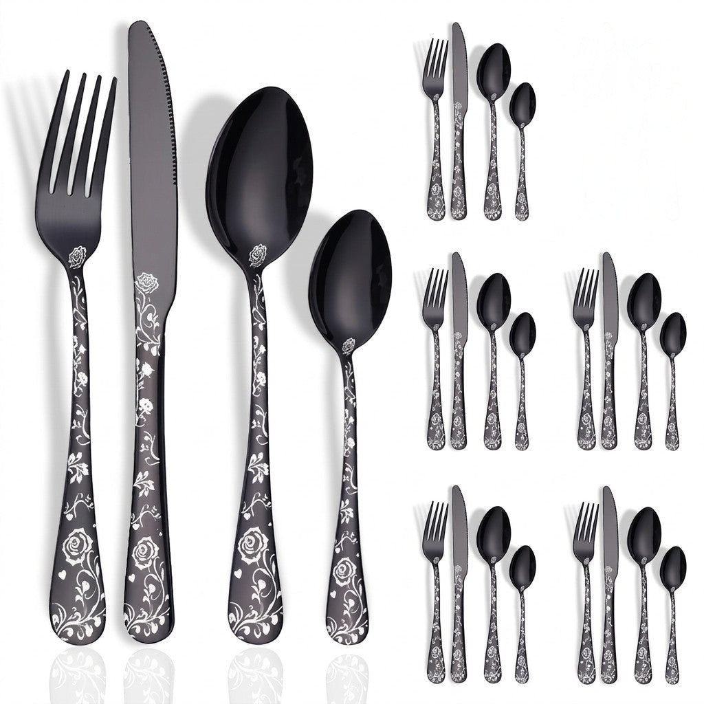 24-teiliges Besteck-Set mit geprägtem Blumengriff - Besteckset - Schwarz - Voldeva