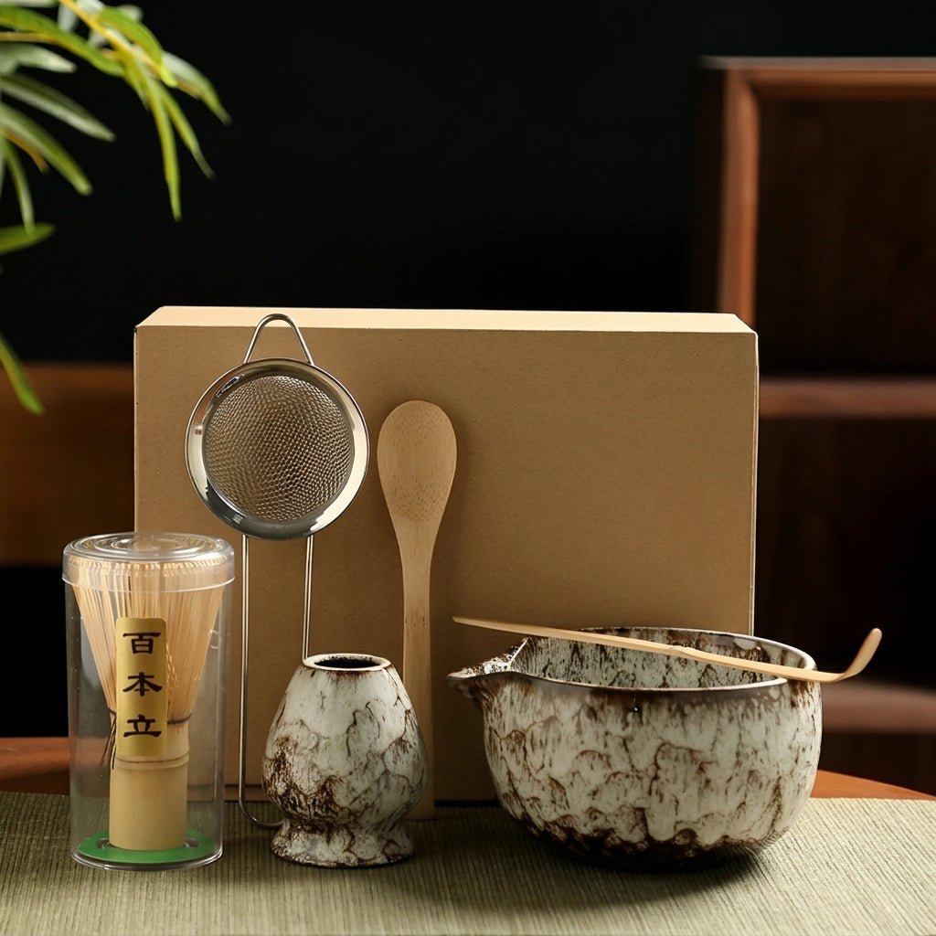 6-teiliges japanisches Matcha-Tee-Set mit Keramikschale - Matcha-Set - Weiß - Voldeva