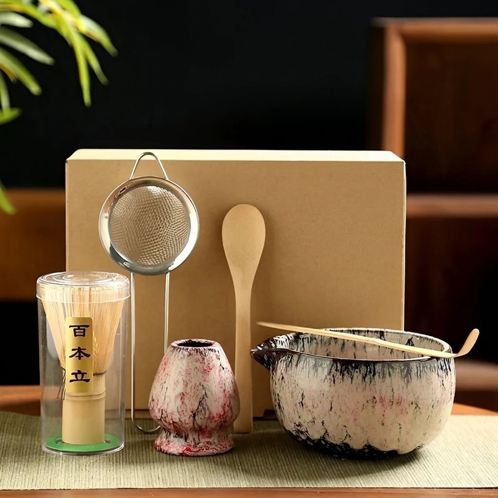 6-teiliges japanisches Matcha-Tee-Set mit Keramikschale - Matcha-Set - Rosa - Voldeva