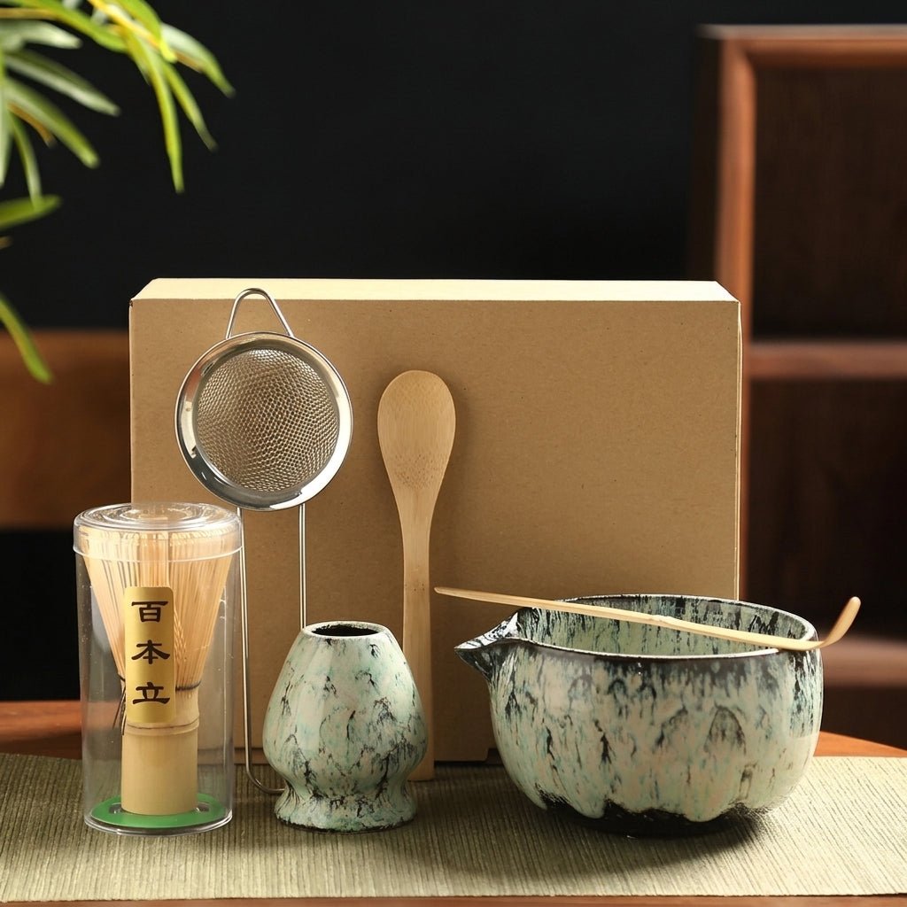 6-teiliges japanisches Matcha-Tee-Set mit Keramikschale - Matcha-Set - Hellgrün - Voldeva