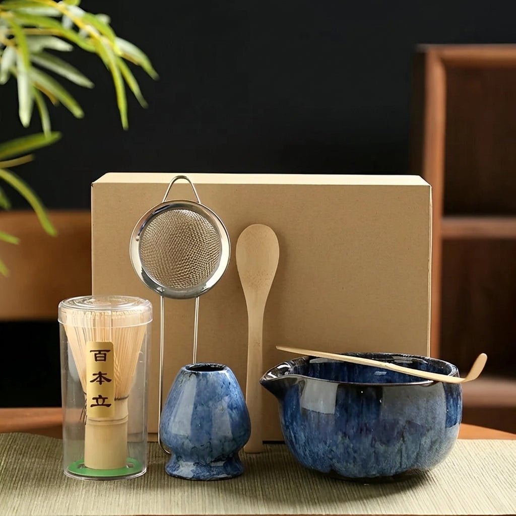 6-teiliges japanisches Matcha-Tee-Set mit Keramikschale - Matcha-Set - Blau - Voldeva