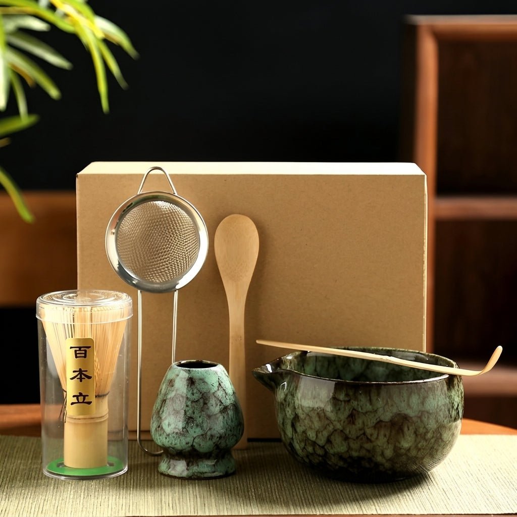6-teiliges japanisches Matcha-Tee-Set mit Keramikschale - Matcha-Set - Grün - Voldeva