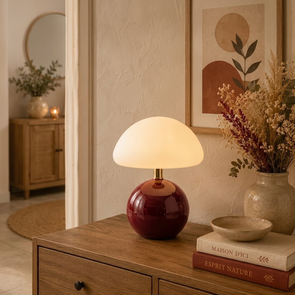 Pilz-Tischlampe mit Kuppelschirm und runder Kugelbase
