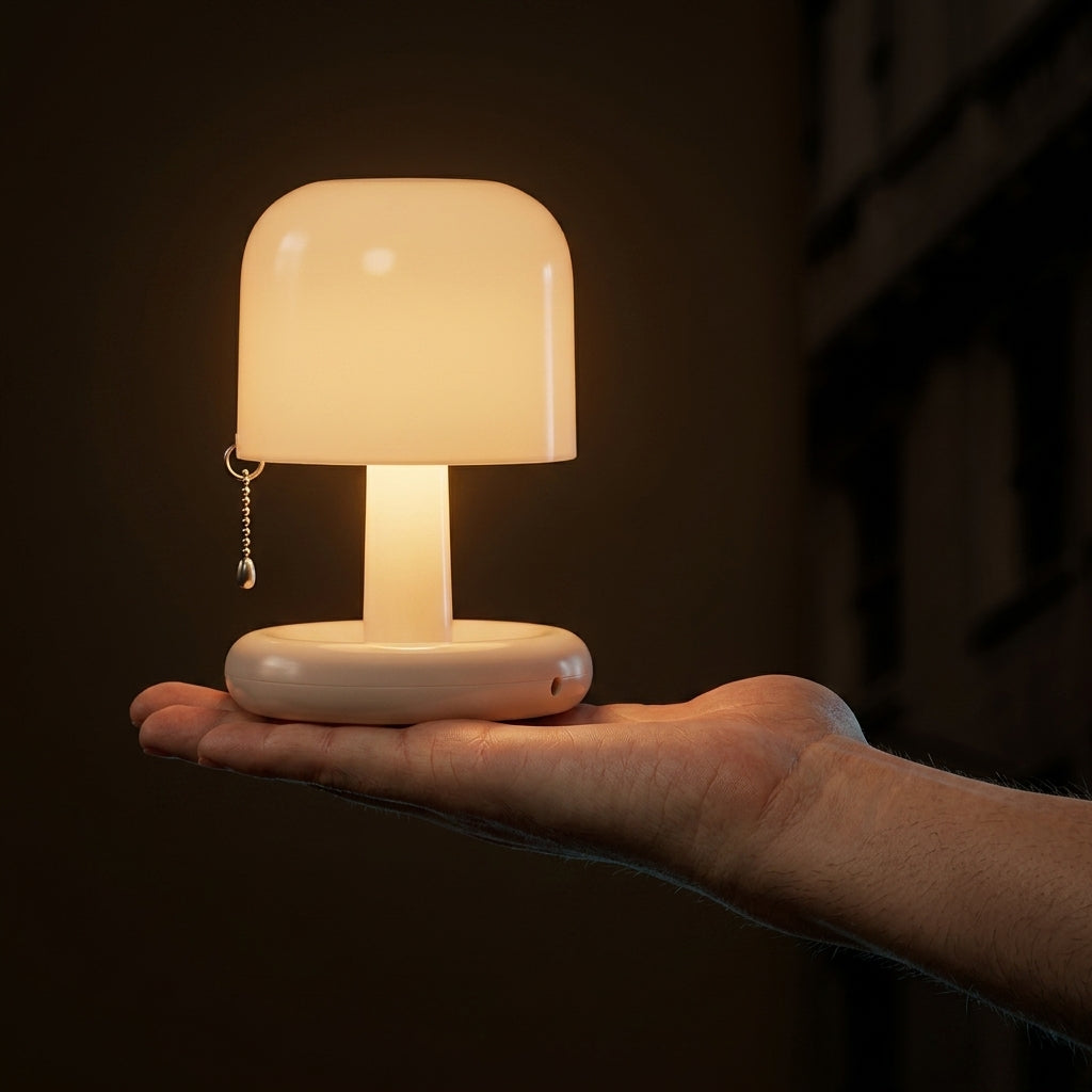 Kompakte Retro Tischlampe mit Rundsockel und Pilzhut-Schirm