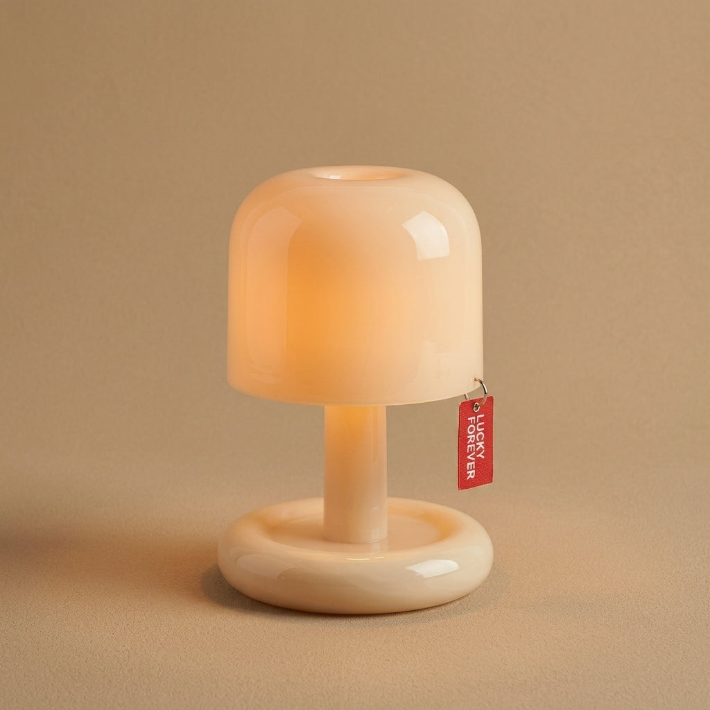 Kompakte Retro Tischlampe mit Rundsockel und Pilzhut-Schirm